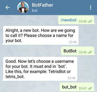 Screenshot of the Telegram bot creation process.