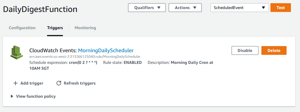 Screenshot of the CloudWatch Event used as the trigger for my lambda function.